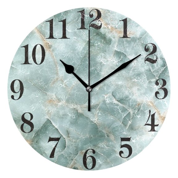 Mint Green Marble Round Wall Clock Battery Operated Silent Non-Ticking Bedroom Office Kitchen Home School Decor 10"(Black)