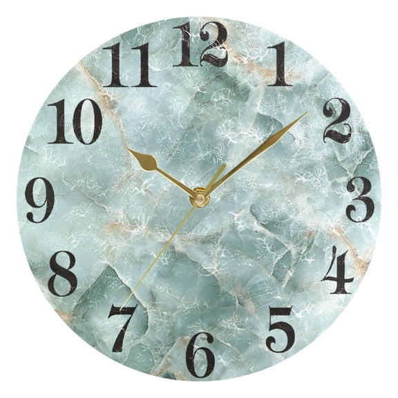Mint Green Marble Round Wall Clock Battery Operated Silent Non-Ticking Bedroom Office Kitchen Home School Decor 10"(Gold)