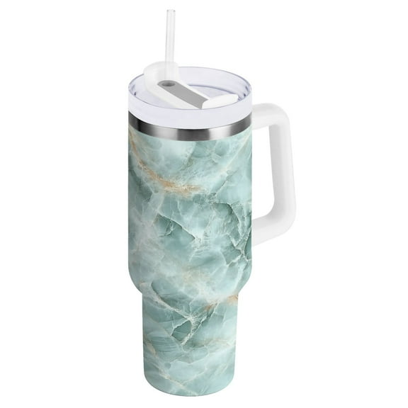 Mint Green Marble Tumbler with Handle and Straw Lid 40 oz Insulated Vacuum Water Bottle Stainless Steel Travel Cup