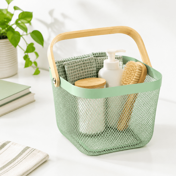 Mint Green Metal Steel Storage Basket with Handle, Multi-Functional Organizer Bin for Kitchen, Home, and Office