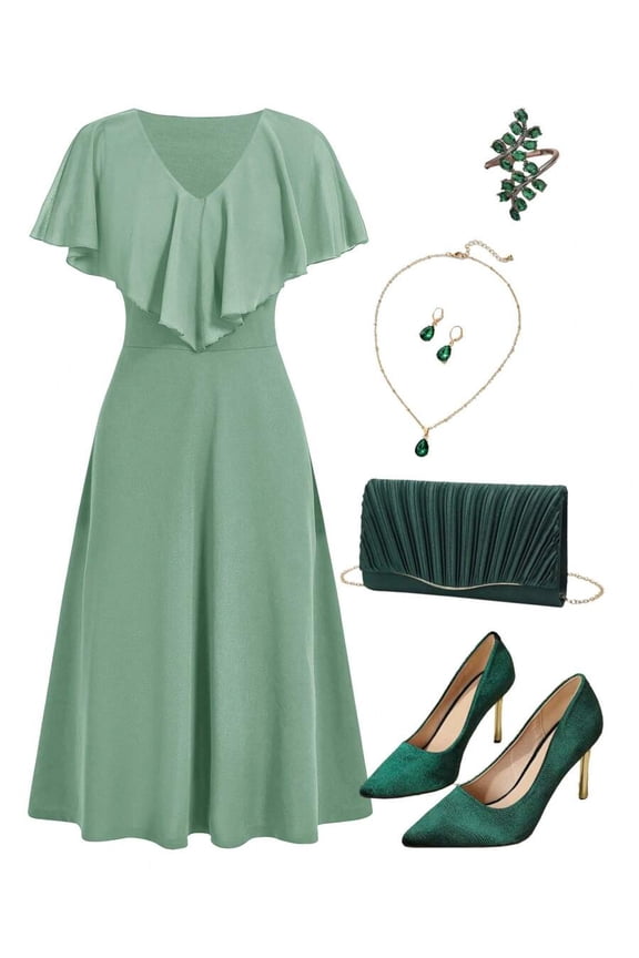 Mint Green Mid-Length Dress With Ruffle Cap Sleeves And V-Neck For Women