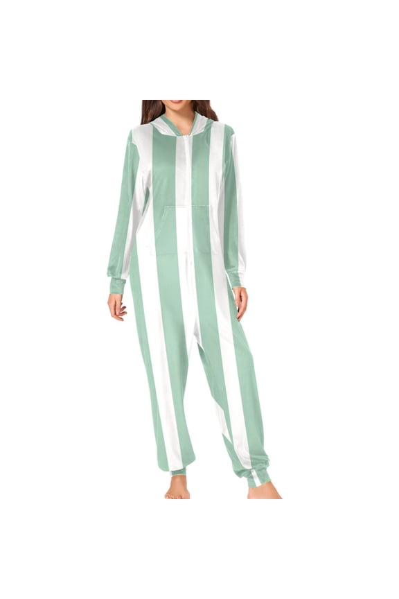 Mint Green Narrow Stripes Adult's Hoodie Onesie Jumpsuit One-Piece Pajamas with Zipper Unisex for Holiday M