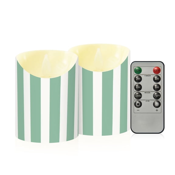 Mint Green Narrow Stripes Flickering Flameless Candles with Remote Timer Battery Operated LED Tealight Set of 2 M