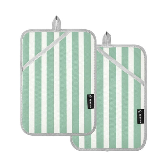 Mint Green Narrow Stripes Potholders Heat Resistant Pot Holder Set of 2 Oven Hot Pads with Pocket