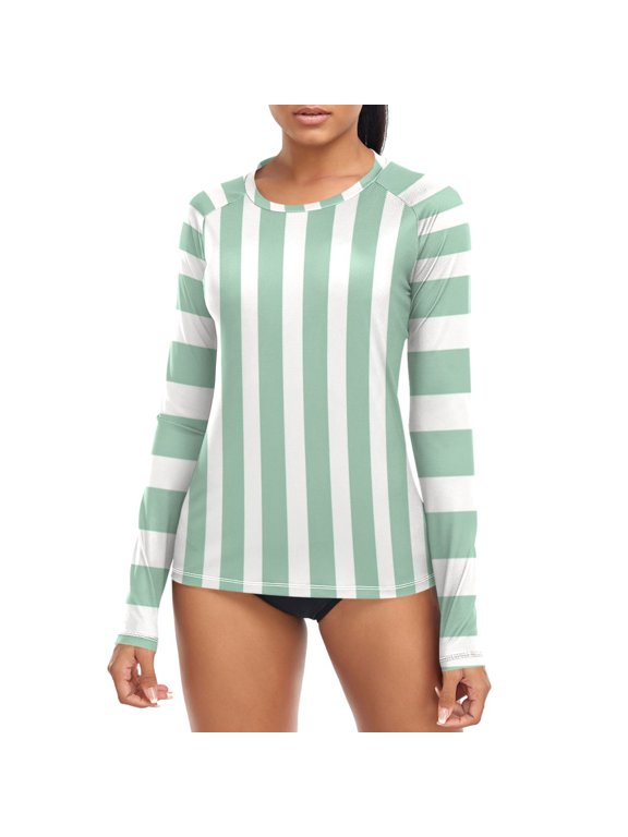 Mint Green Narrow Stripes Women's Rash Guard Shirts UPF 50+ Sun Protection Clothing Long Sleeve Swim Suits XL