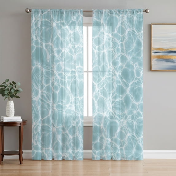 Mint Green Ocean Waves Sheer Curtains 63 Inches Long, Summer Sea Coastal Light Filtering Window Curtains for Living Room/Bedroom, Rod Pocket Voile Sheer Curtain Drapes, 52"W x 63"L, 2 Panels