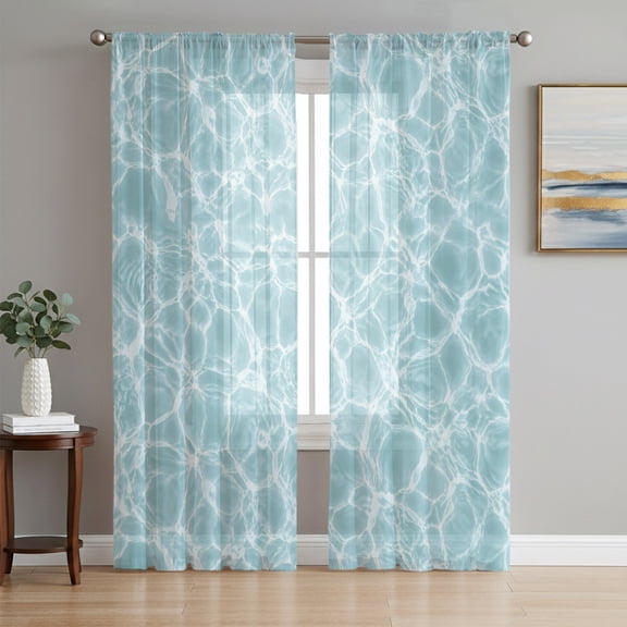Mint Green Ocean Waves Sheer Curtains 84 Inches Long, Summer Sea Coastal Light Filtering Window Curtains for Living Room/Bedroom, Rod Pocket Voile Sheer Curtain Drapes, 52"W x 84"L, 2 Panels