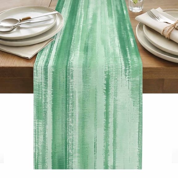Mint Green Paint Cotton Linen Table Runner Modern Abstract Green Stripes Dining Table Runners for Home Decor Party Dining Room Restaurant Kitchen Party 13" x 72"