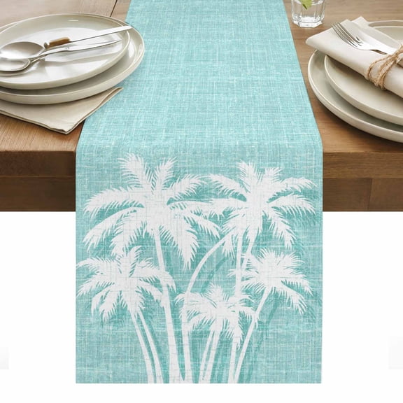 Mint Green Palm Tree Table Runner 13x48in Non-Slip Cotton Linen Table Runners, Summer Trees Tropical Botanical Dresser Scarves TableRunner for Dinner Kitchen Dining Wedding Party
