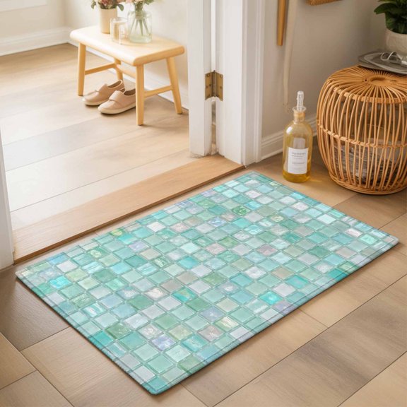 Mint Green Plaid 2'x3' Small Rugs for Entryway Front Door Kitchen Sink Area, Boho Pale Mint Tile Matrix Modern Gingham Soft Sturdy Mats Washable Non Slip Rectangle Area Rug