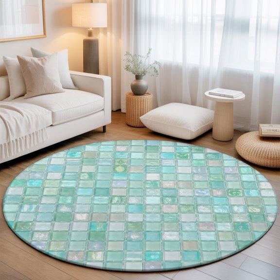 Mint Green Plaid 8' Round Rugs for Open Concept Living Room Seating Zone, Boho Pale Mint Tile Matrix Modern Gingham Washable Non Slip Mats Large Circle Lounge Area Area Rug