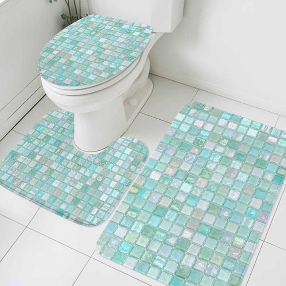 Mint Green Plaid Bathroom Rugs Mat Sets 3 Piece, Boho Pale Mint Tile Matrix Modern Gingham Absorbent Bathroom Mat Set with Non-Slip Rug, Toilet Lid Cover and Bath Floor Carpet Accessories Small Size