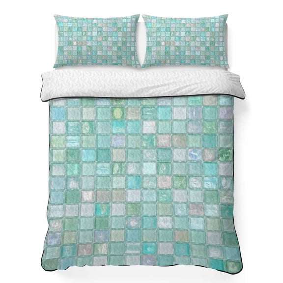Mint Green Plaid California King Quilt Bedding Set, Boho Pale Mint Tile Matrix Modern Gingham Lightweight Comforter with 2 Pillow Shams Bedroom Bedspread Set Home Decor for All Seasons
