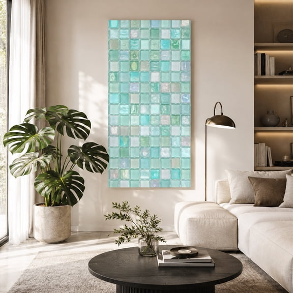 Mint Green Plaid Canvas Wall Art for Living Room, Boho Pale Mint Tile Matrix Modern Gingham Poster Print Painting for Bedroom Office Home Decoration Wall Pictures Prepare To Hang 24"x48"