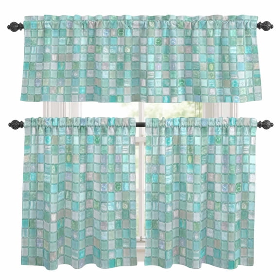 Mint Green Plaid Kitchen Curtains Valances 3 Piece Set, Boho Pale Mint Tile Matrix Modern Gingham Rod Pocket Tier Curtain and Valance Drapes for Small Window 36 Inch Length for Bedroom Cafe