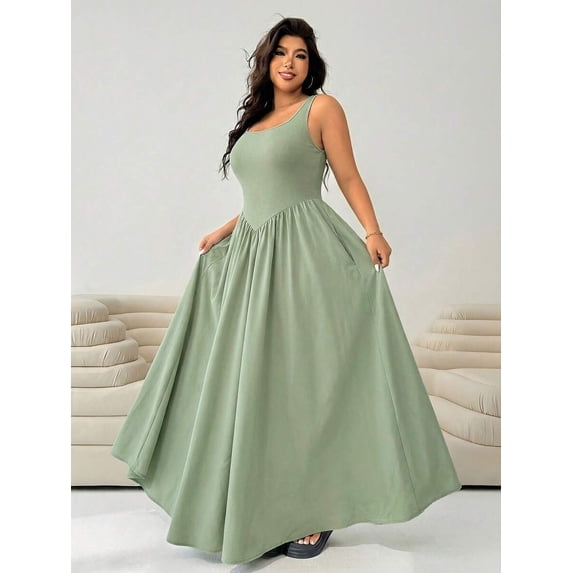 Mint Green Plus Size Sleeveless Square Neck A-Line Maxi Dress For Women Summer Flowy Long Dress