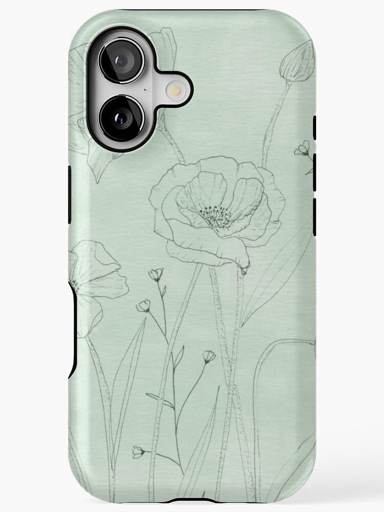 Mint Green Poppy Wildflower Line Art Tough Case for Apple iPhone ...