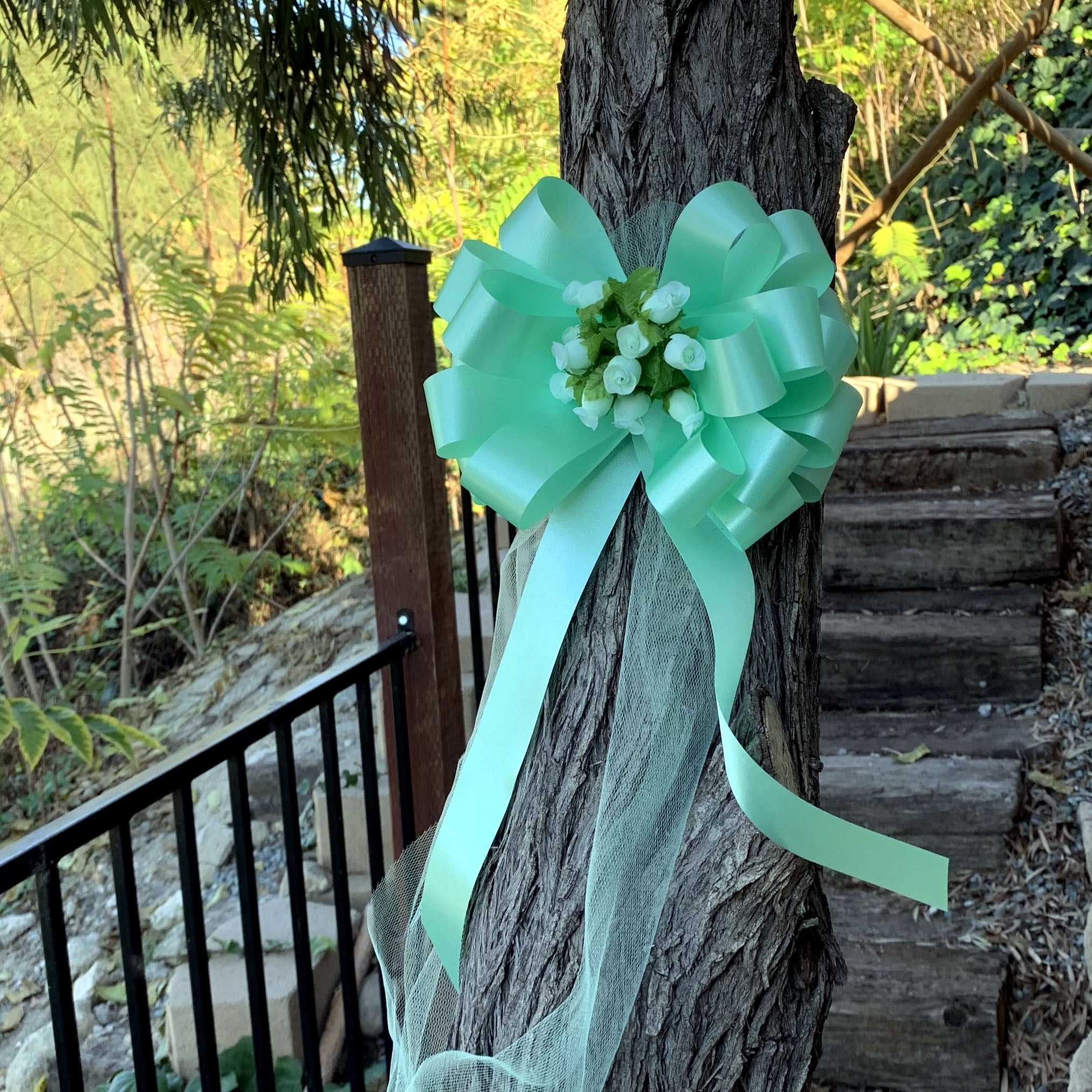 Mint Green Pull Bows with Tulle Tails and Rosebuds - 8" Wide, Set of 6, St. Patrick's Day, Wedding Pew Bows, Aisle Decoration, Reception, Anniversary, Christmas