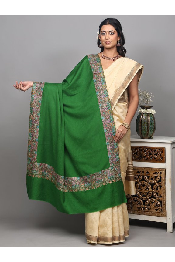 Mint-Green Pure Wool Kashmiri Shawl with Sozni Hand-Embroidered Phool Bail Border