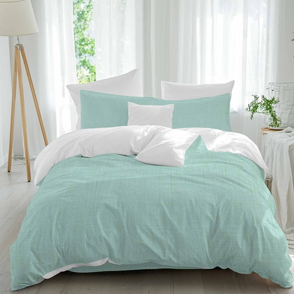 Mint Green Queen Duvet Cover Set, Solid Color Retro Linen 4 Piece Microfiber Bedding Set with Zipper Closure, Bed Sheet and 2 Pillow Shams, Soft Bedding Cover