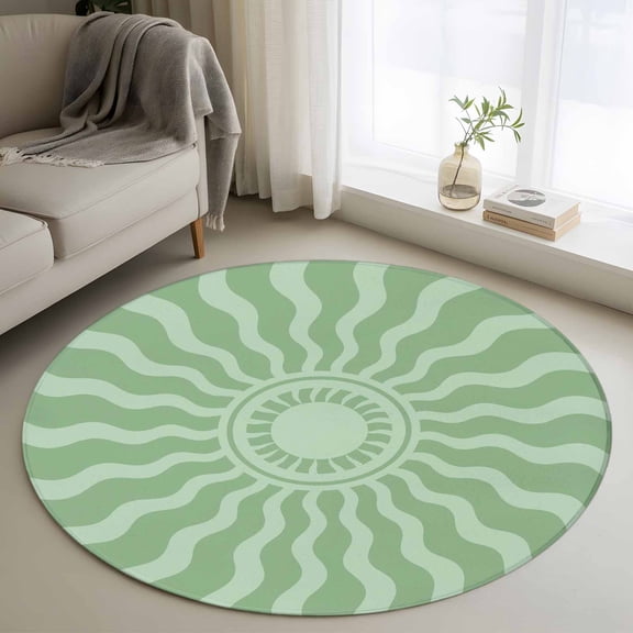 Mint Green Radiant Sun 3FT Round Area Rug Abstract Wavy Sunbeams Rings Boho Eclectic Soft Small Round Rugs Non-Slip, Ultra-Thin Washable Rug Low Pile Circle Carpet for Bedroom Kitchen Nursery