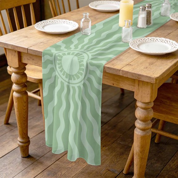Mint Green Radiant Sun 4.5ft Cheesecloth Table Runner for Wedding 19"x55", Abstract Wavy Sunbeams Rings Boho Eclectic Kitchen Dinner Sheer Tulle Chiffon Dresser Scarf, Holiday Party Decorations