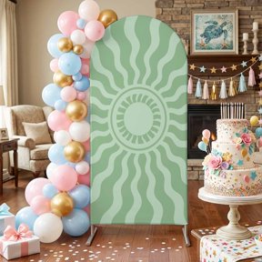 Mint Green Radiant Sun Arch Backdrop Covers 4 FT, Abstract Wavy Sunbeams Rings Boho Eclectic Stretchy Fitted Arched Stand Covers Party Arch Stand Cover Photo Booth for Wedding Birthday Decor