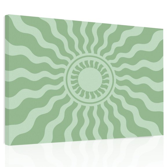 Mint Green Radiant Sun Canvas Print Wall Art, Abstract Wavy Sunbeams Rings Boho Eclectic Wall Decor Framed Artwork Paintings Pictures for Living Room Bedroom Stretched Ready to Hang, 12" x 16"