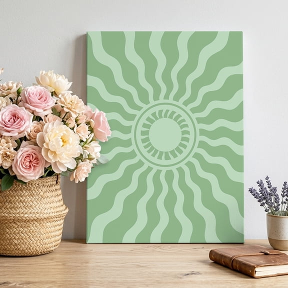 Mint Green Radiant Sun Canvas Wall Art, Abstract Wavy Sunbeams Rings Boho Eclectic Pictures Wall Decor Wooden Framed Artwork Art Prints for Living Room Hallway Bedroom Office 8"x10"