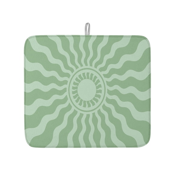 Mint Green Radiant Sun Dish Drying Mat 16x18 inch Abstract Wavy Sunbeams Rings Boho Eclectic Super Absorbent Microfiber Dish Drying Pad for Kitchen Countertops Sink Dish Drainer Racks 1 Pack
