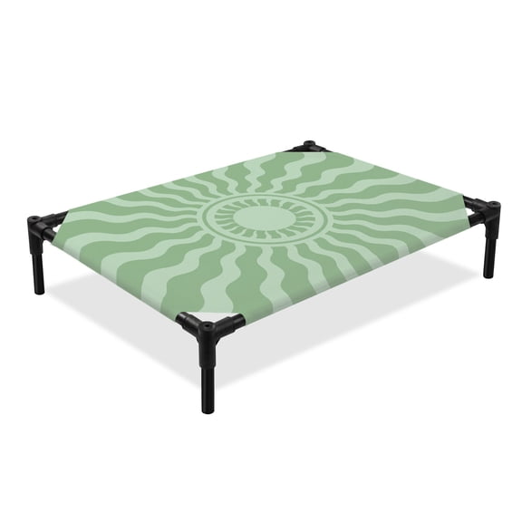 Mint Green Radiant Sun Elevated Dog Bed, Abstract Wavy Sunbeams Rings Boho Eclectic Cooling Breathable Outdoor Raised Dog Cot Bed with Metal Frame Non-Slip Feet for Medium Dog 24x20in