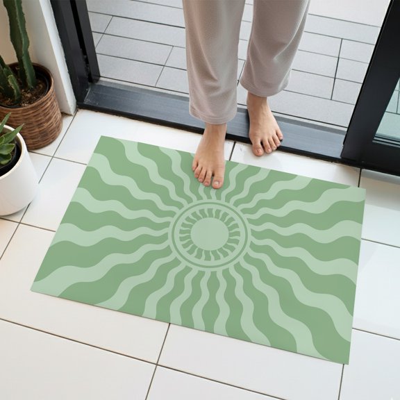 Mint Green Radiant Sun Indoor Door Mat 16x24 Inch Abstract Wavy Sunbeams Rings Boho Eclectic Front Door Mat Non Slip Washable Entryway Rug Low Profile Dirt Trapper Doormat for Kitchen Bedroom