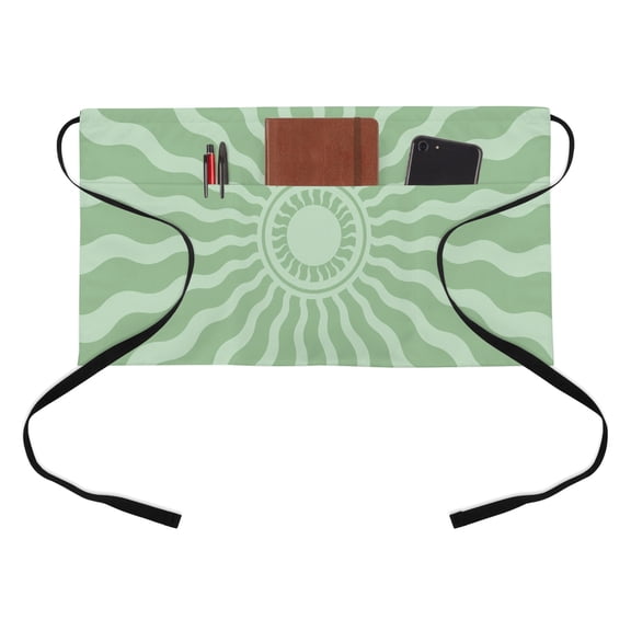 Mint Green Radiant Sun Kitchen Restaurant Half Waist Apron, Abstract Wavy Sunbeams Rings Boho Eclectic Server Short Apron with 3 Pockets Waterproof Oil Waist Aprons for Women Waitress Waiter