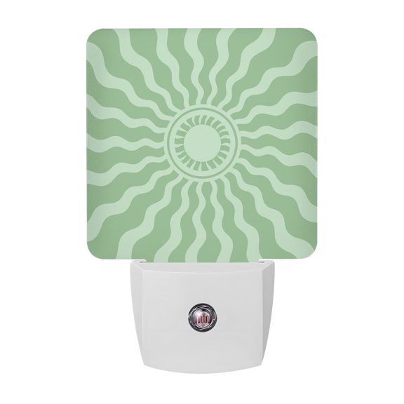 Mint Green Radiant Sun Night Light, Abstract Wavy Sunbeams Rings Boho Eclectic Plug in Night Lights with Dusk to Dawn Sensor, Energy Saving Green LED Nightlight for Bedroom Bathroom, Auto On/Off