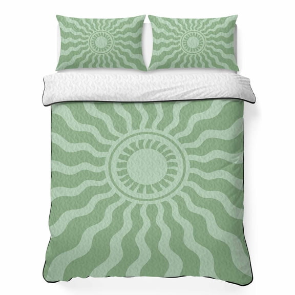 Mint Green Radiant Sun Queen Quilt Bedding Set, Abstract Wavy Sunbeams Rings Boho Eclectic Lightweight Comforter with 2 Pillow Shams Bedroom Bedspread Set Home Decor for All Seasons