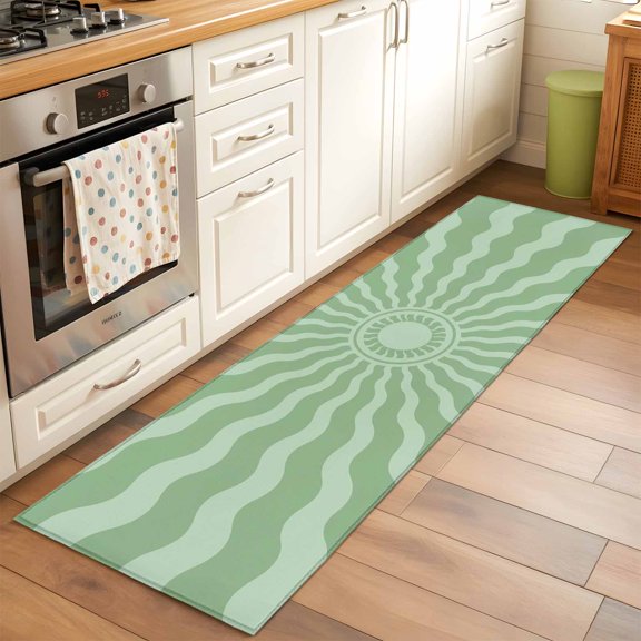Mint Green Radiant Sun Runner Rug Non Slip 2x6 Abstract Wavy Sunbeams Rings Boho Eclectic Washable Rug Runner for Hallways Low Pile Kitchen Rugs Stain Resist Carpet for Bathroom Bedroom Entryway
