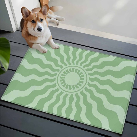 Mint Green Radiant Sun Small Area Rugs 2x3 Abstract Wavy Sunbeams Rings Boho Eclectic Entryway Rugs Washable Door Mat, Low-Profile Area Rugs Non Slip Floor Carpet for Living Room Bedroom Home Office