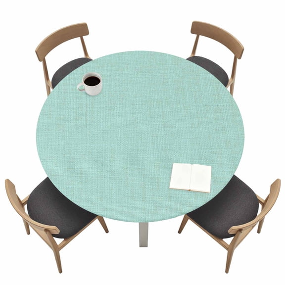 Mint Green Round Fitted Tablecloth with Elastic Edge Solid Color Retro Linen Table Cover Fit for 55"-60" Tables Waterproof Tablecloths for Dinner Camping Picnic