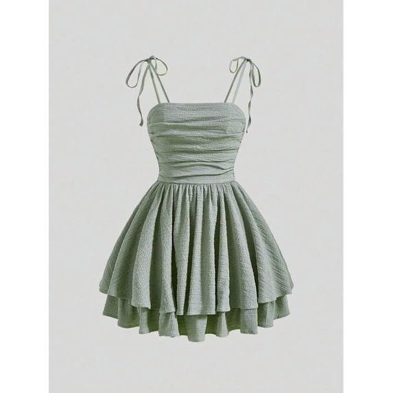 Mint Green Ruched Tie-Shoulder Pleated Mini Dress For Women