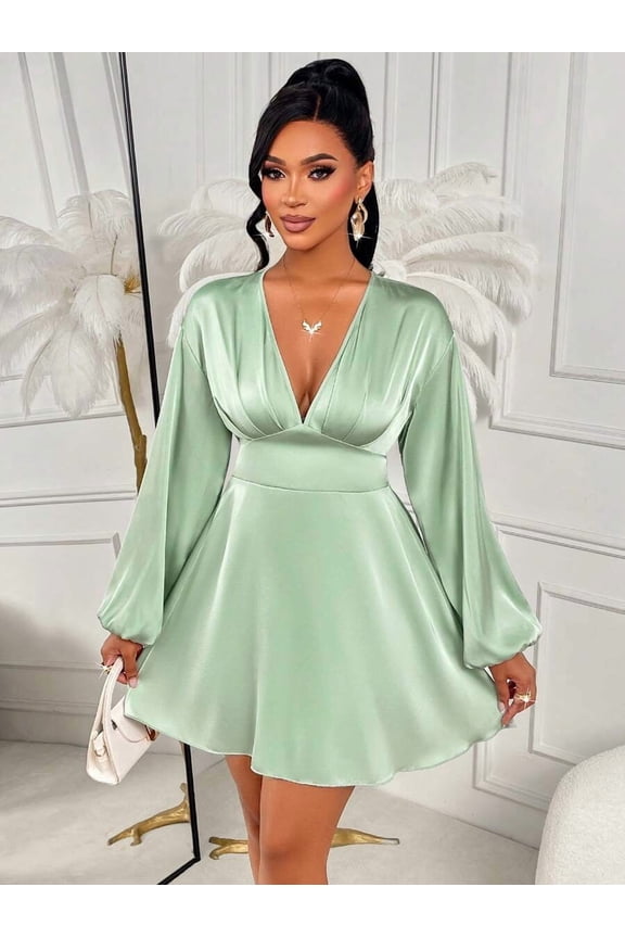 Mint Green Satin Deep V-Neck Lantern Sleeve Ruched Flared Mini Dress For Women