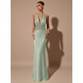 thumbnail image 1 of Mint Green Satin Halter Deep V-Neck Lace Waist Mermaid Evening Gown For Women, 1 of 6