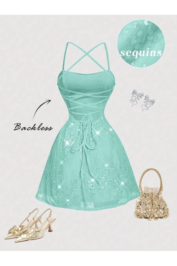 Mint Green Sequin Backless Mini Dress For Party, Prom, Graduation, Valentines Day