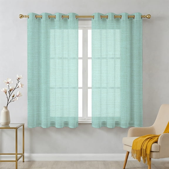 Mint Green Sheer Curtains 39 Inch Long 2 Panels, Solid Color Retro Linen Light Filtering Semi Sheer Drapes Grommet Voile Window Curtain for Living Bedroom W27.9 x L39