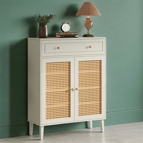 Mint Green Shoe Storage Cabinet with Adjustable Shelves & Drawer - Rattan Panels, Golden Handles, Sturdy Legs with Foot Pads for Entryway, Living Room, Hallway