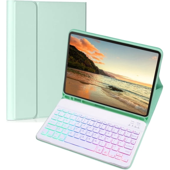 Mint Green Slim Backlit Detachable Keyboard Case with Pencil Slot for iPad Air 13 M2/M3/M4 & Pro 12.9 3/4/5/6 Gen