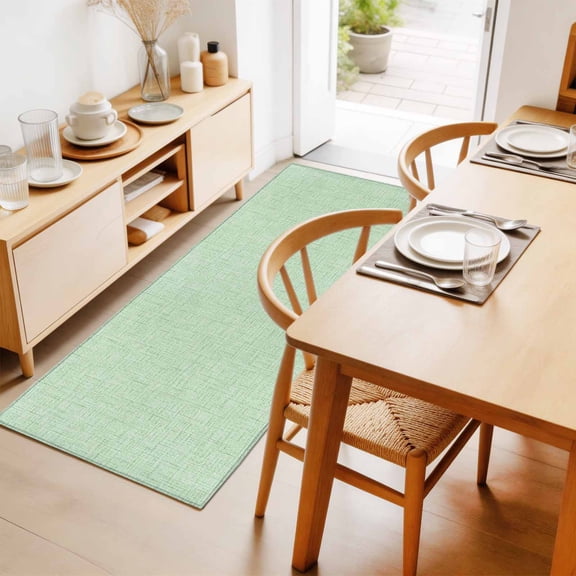 Mint Green Solid 2'x6' Runner Rug for Hallway Walkway Kitchen Galley, Minimalist Cloth Pale Lime Linen Texture Low Pile Washable Non Slip Long Area Rug for Living Room