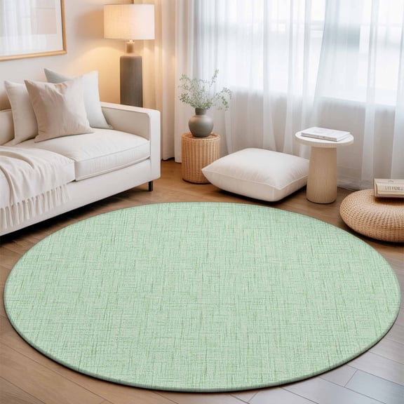 Mint Green Solid 7' Round Rug for Living Room Conversation Area, Minimalist Cloth Pale Lime Linen Texture Washable Non Slip Large Circle Area Rug