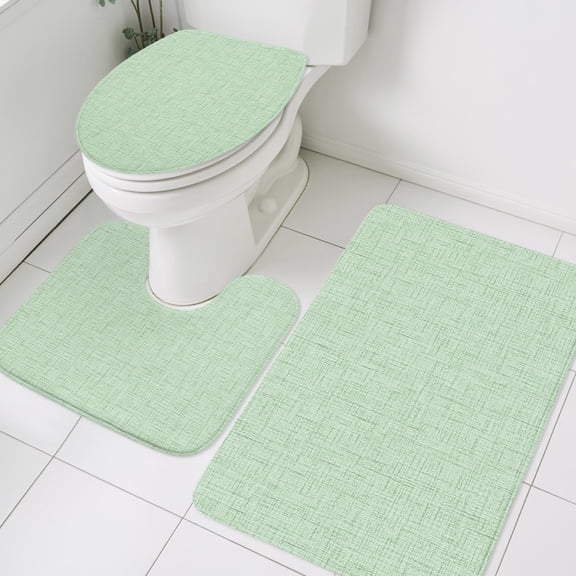 Mint Green Solid Bathroom Rugs Set Minimalist Cloth Pale Lime Linen Texture Non Slip Absorbent Soft Bath Mats 3 Piece Set with Bathroom Rug, U-Shaped Floor Mat, Toilet Seat Cover Small Size
