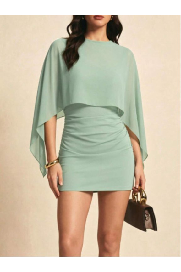 Mint Green Solid Color Bat Sleeve Ruched Two-Piece Mini Dress For Evening, Date, Vacation And Daily Wear