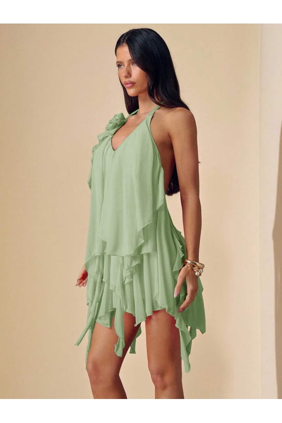 Mint Green Solid Deep V-Neck Halter Backless Ruffle Hem Mini Dress For Summer Vacation Cocktail Party